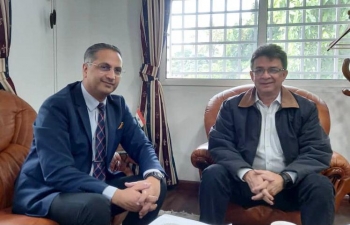 Amb. Abhishek Singh received H.E. Miguel Rodriguez, Governor of Amazonas State at the Embassy in Caracas today. They discussed possibilities of bilateral cooperation in field of trade, culture and tourism.